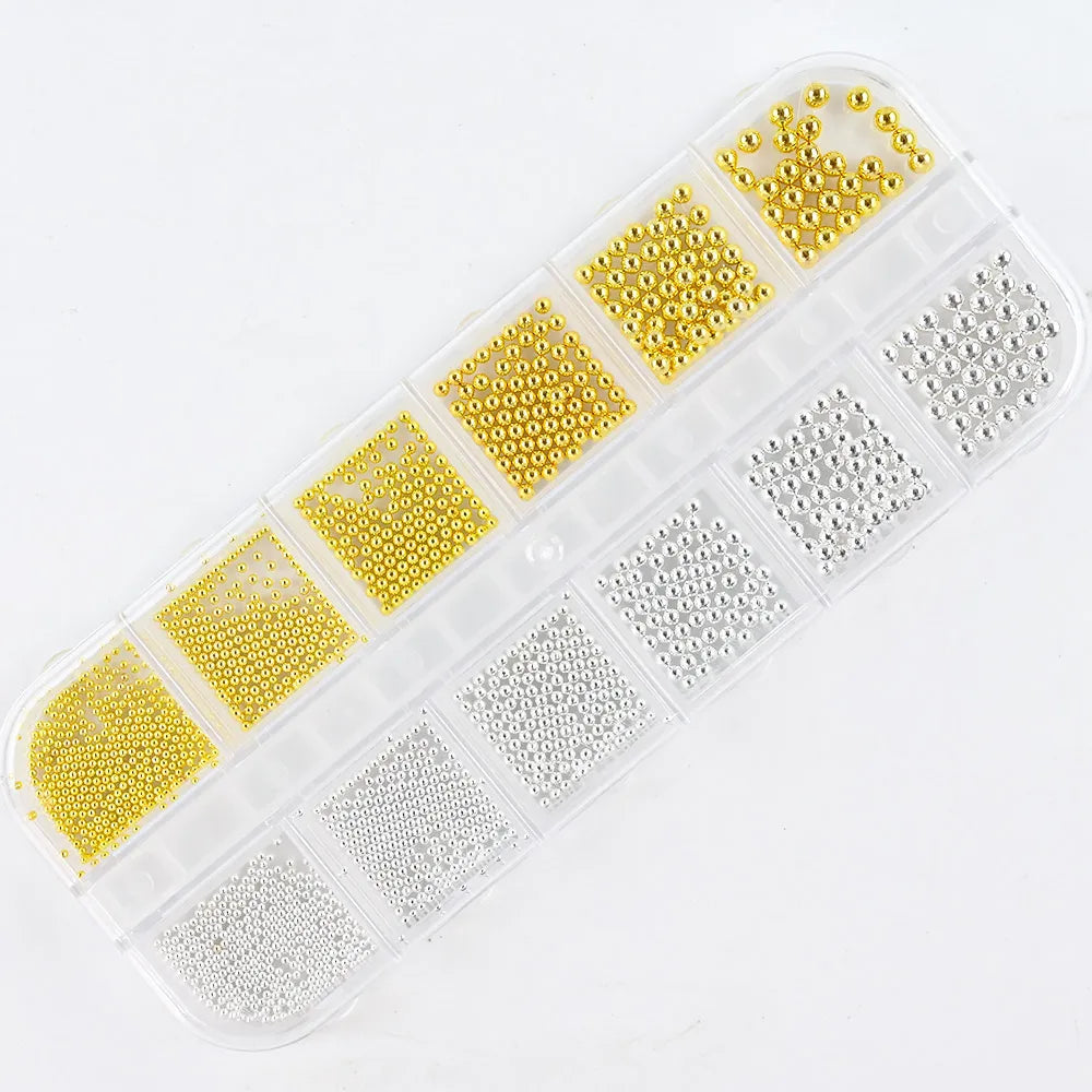 Nail Art Metal Round Beads 0.8–3.0mm Gold Silver | 12-Grid Box