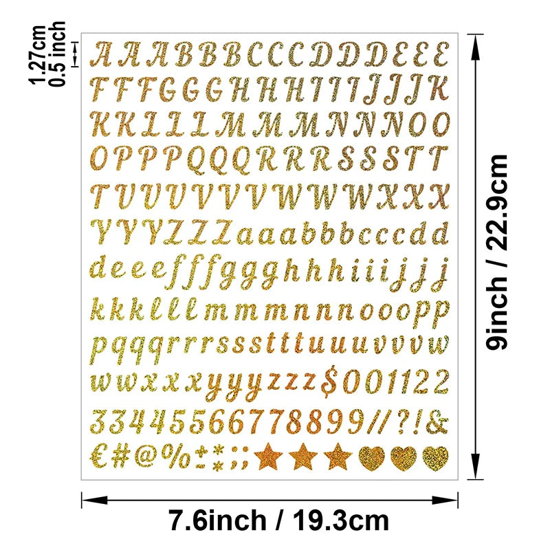 1080 PCS Glitter Vinyl Letter Stickers – 6 Sheets A–Z Alphabet