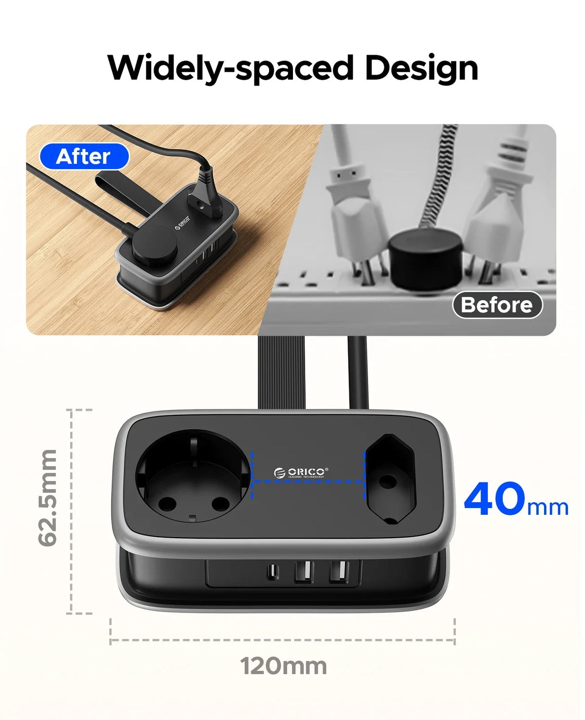ORICO EU Travel Power Strip 5-in-1 | 2AC 3USB 1.1m Travel Power Strip PRIMED
