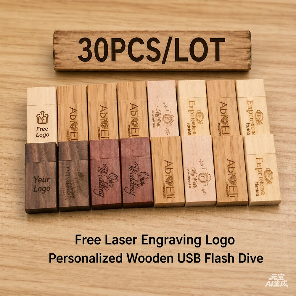 30-Pack Wooden USB Flash Drives 8GB–128GB | Free Custom Logo USB Flash Drive PRIMED