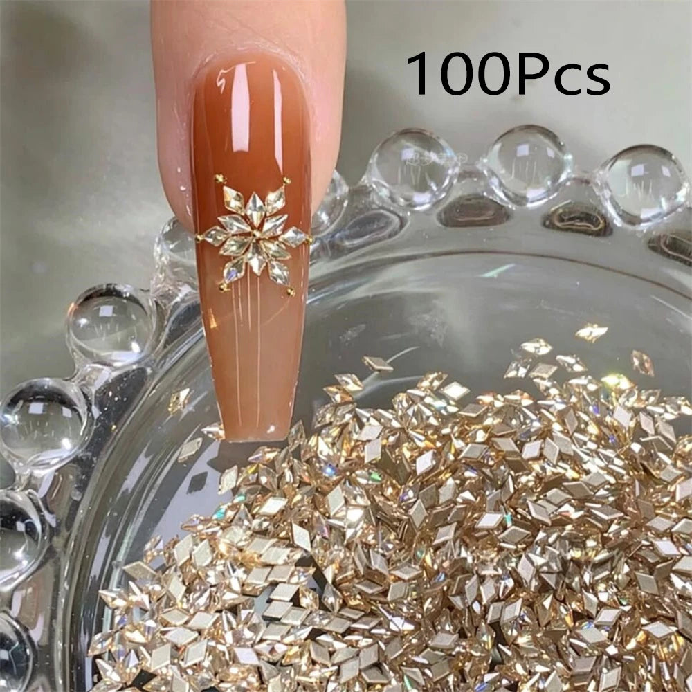 Rhombus Zircon Snowflake Nail Crystals 100Pcs – White & Champagne