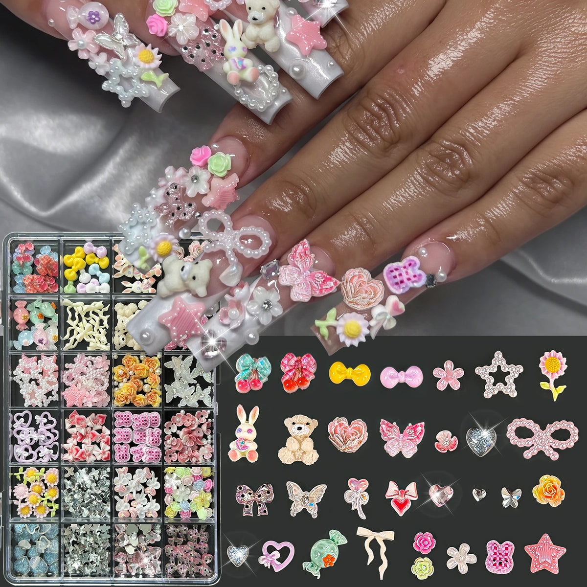 3D Nail Art Charms Box 24 Grids – Sunflowers, Bows & Hearts Nail Art Charms PRIMED
