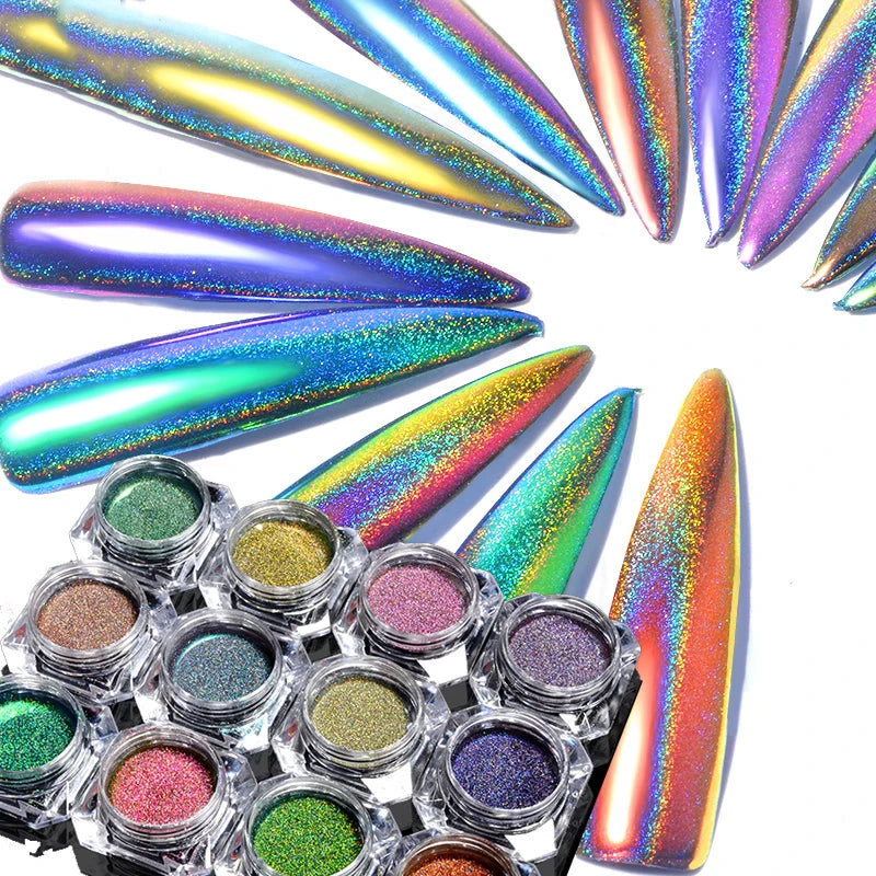 12-Jar Holographic Glitter Nail Powder Set – Mirror Manicure Nail Glitter Powder PRIMED