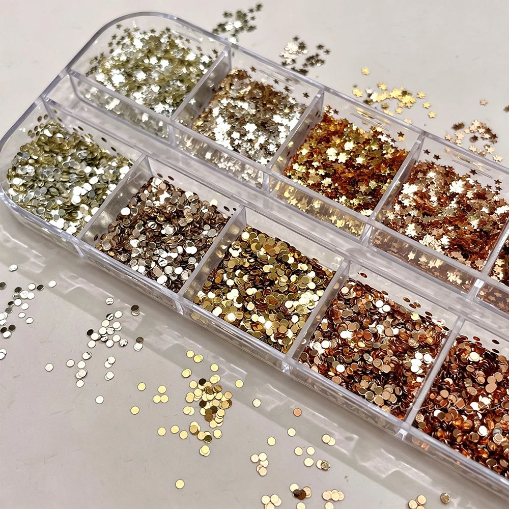 12-Grid Nail Glitter Sequins – Caramel Amber Brown Stars & Dots Nail Art Sequins PRIMED