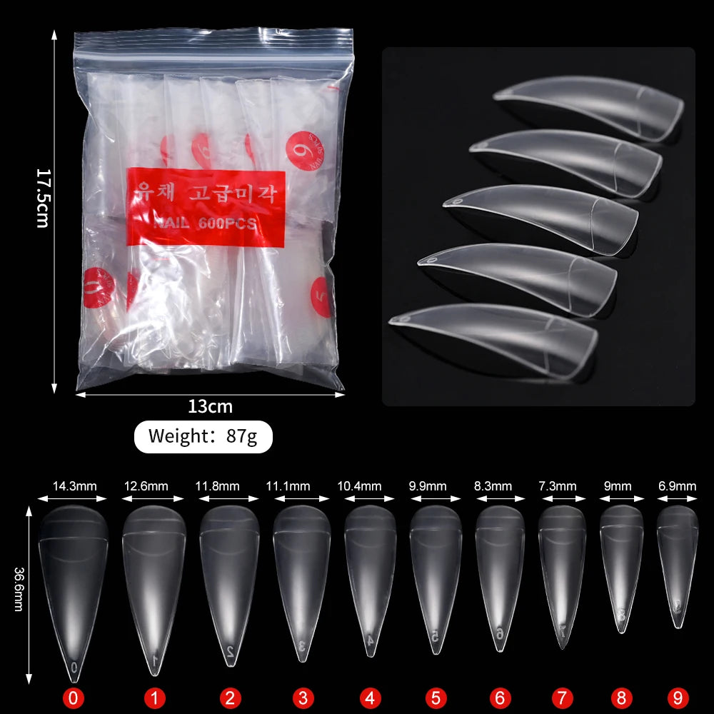 600pcs Stiletto Claw False Nail Tips Clear & Natural | Sizes 0–9