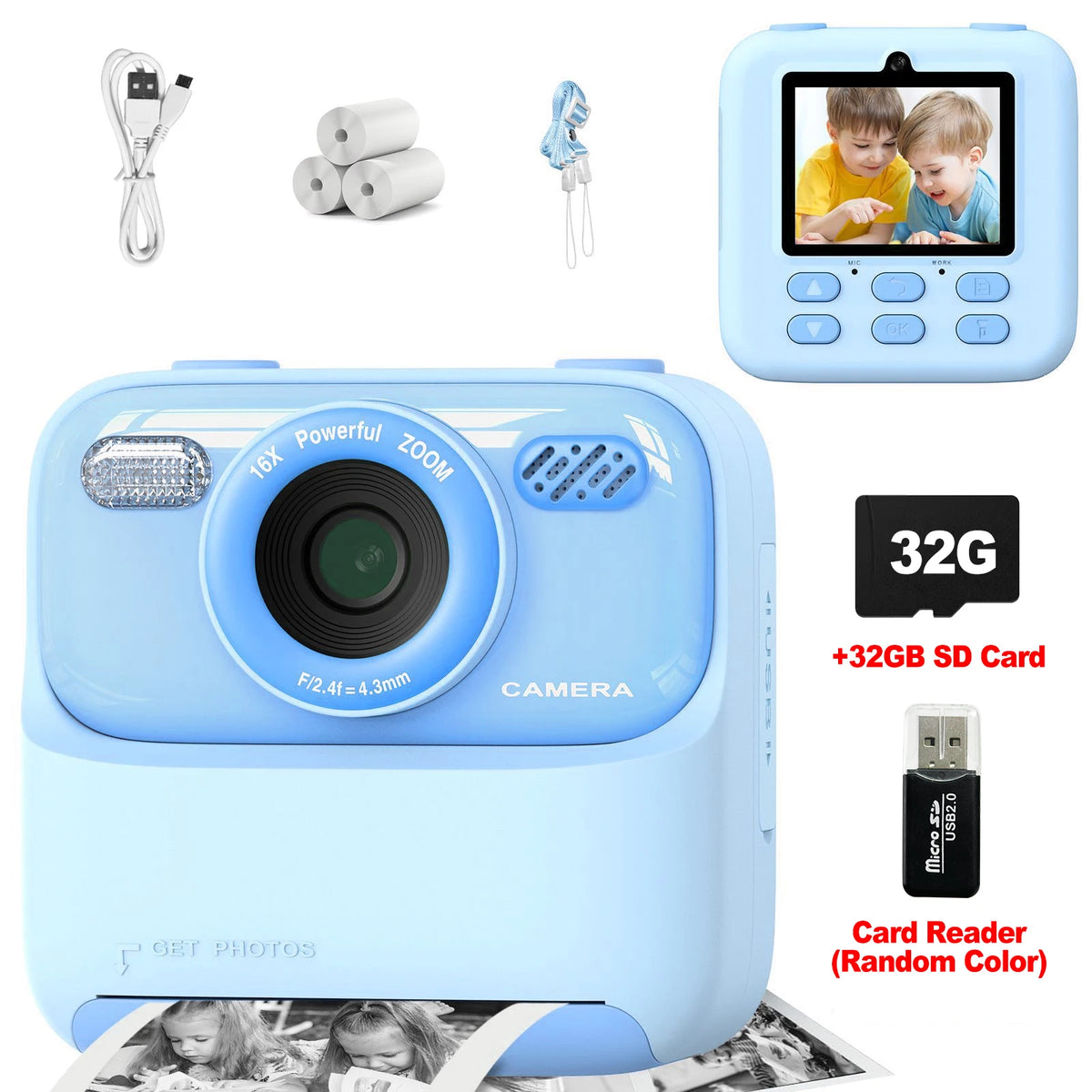 Kids Instant Print Camera 1080P HD | 58mm Thermal, Ages 3–12 Kids Instant Camera PRIMED BL 3Rolls 32G Card