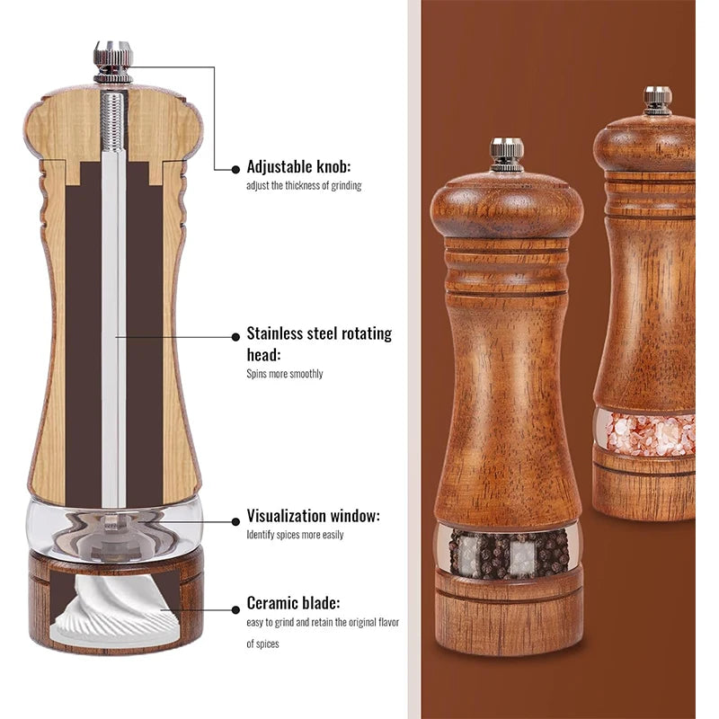 Oak Wood Salt & Pepper Mills Set with Tray | Ceramic Grinder Salt & Pepper Mills PRIMED