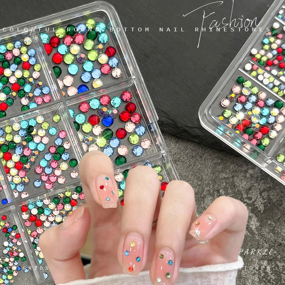 12-Grid Iridescent Flatback Nail Rhinestones – Mixed Crystal Gems Nail Art Rhinestones PRIMED