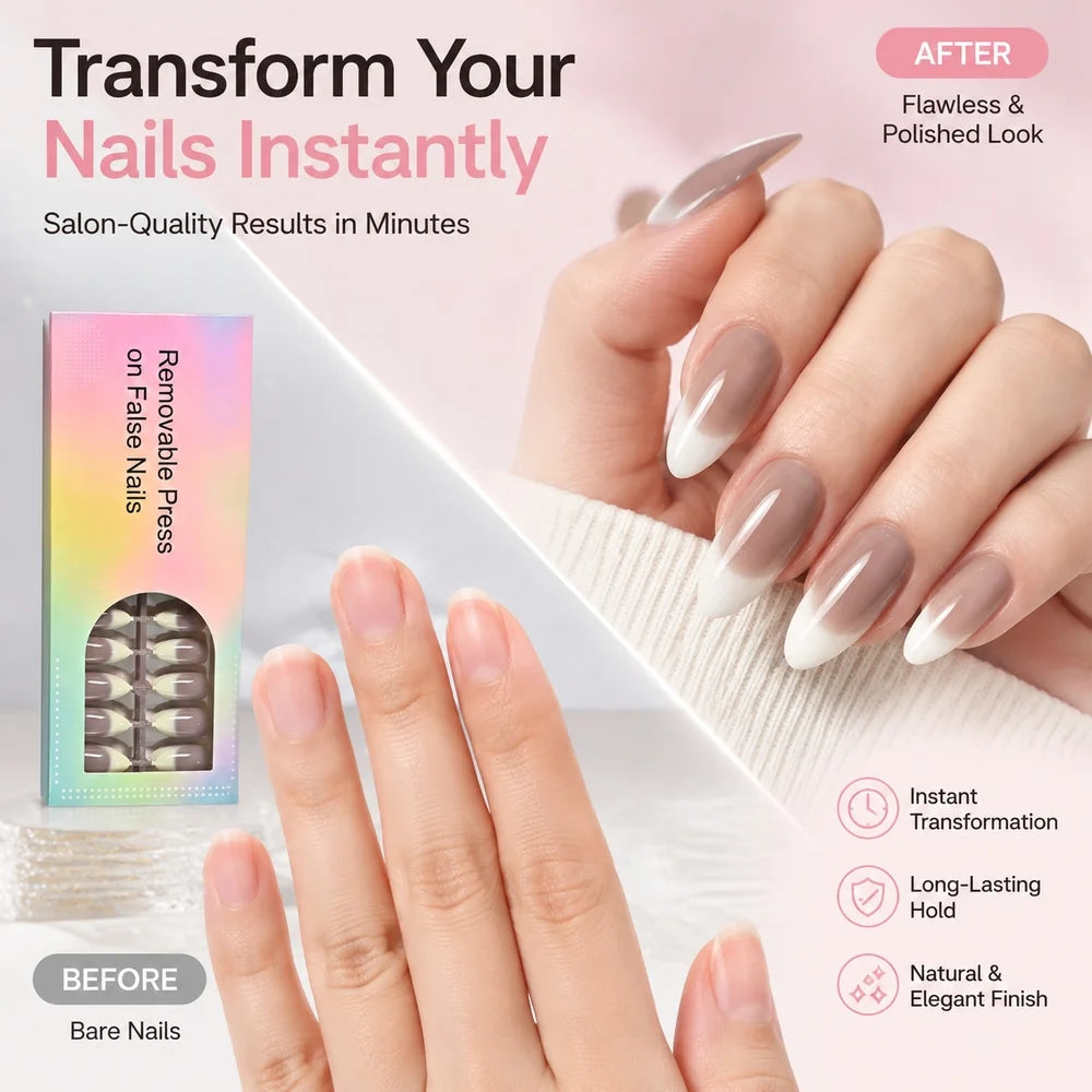 150Pcs Almond Press On Nails – Nude Brown Ombre French Tip