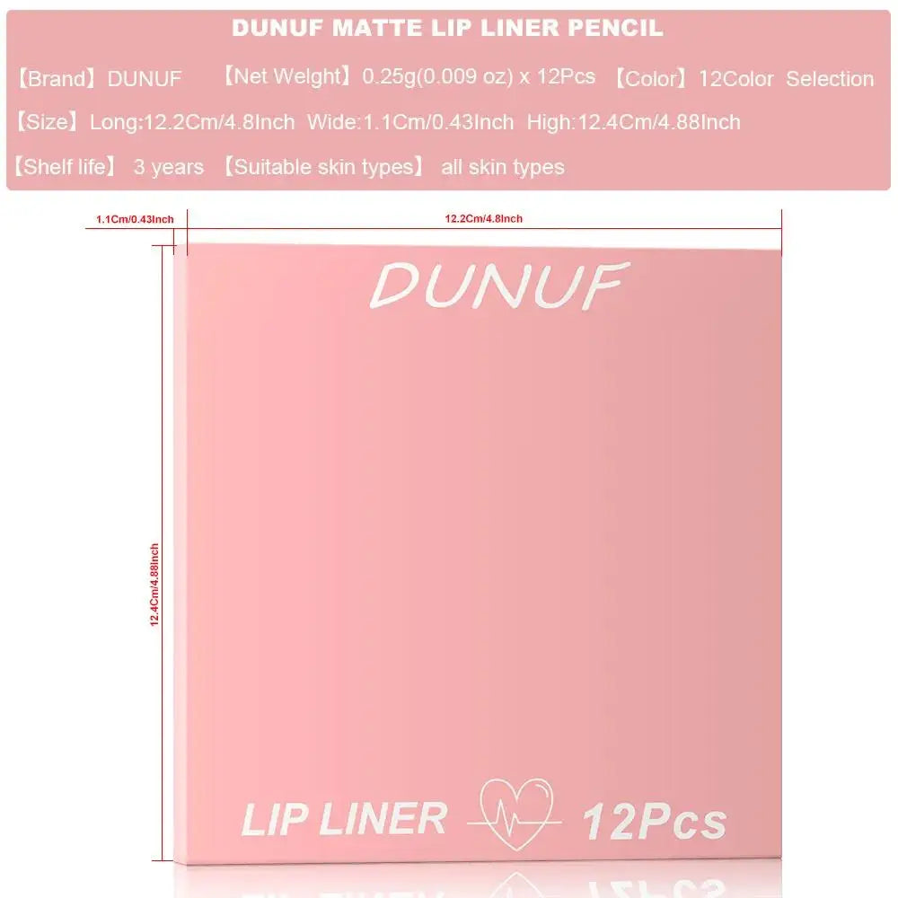 DUNUF 12-Color Matte Lip Liner Set – Waterproof & Long-Lasting Matte Lip Liner Set PRIMED