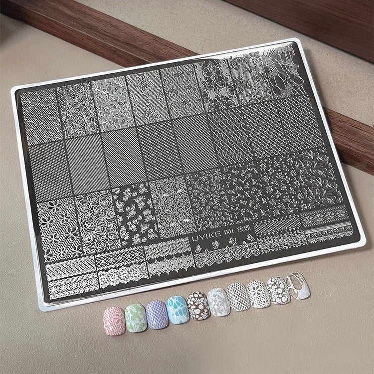 Large Nail Art Stamping Plate – Lace Floral & Grid Patterns Nail Stamping Plate PRIMED Nail Stamping Plate