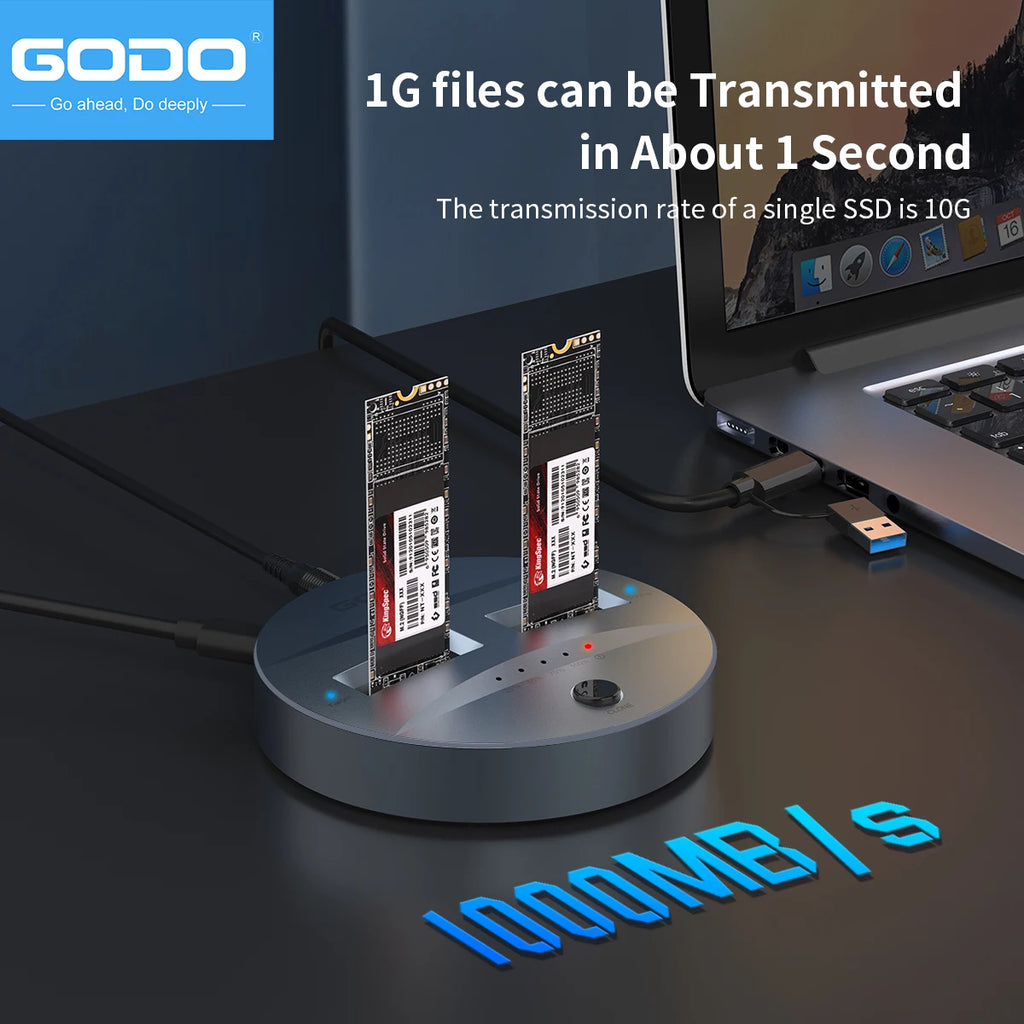 GODO Dual-Bay M.2 NVMe/SATA SSD Dock & Offline Cloner USB 3.2 SSD Docking Station PRIMED