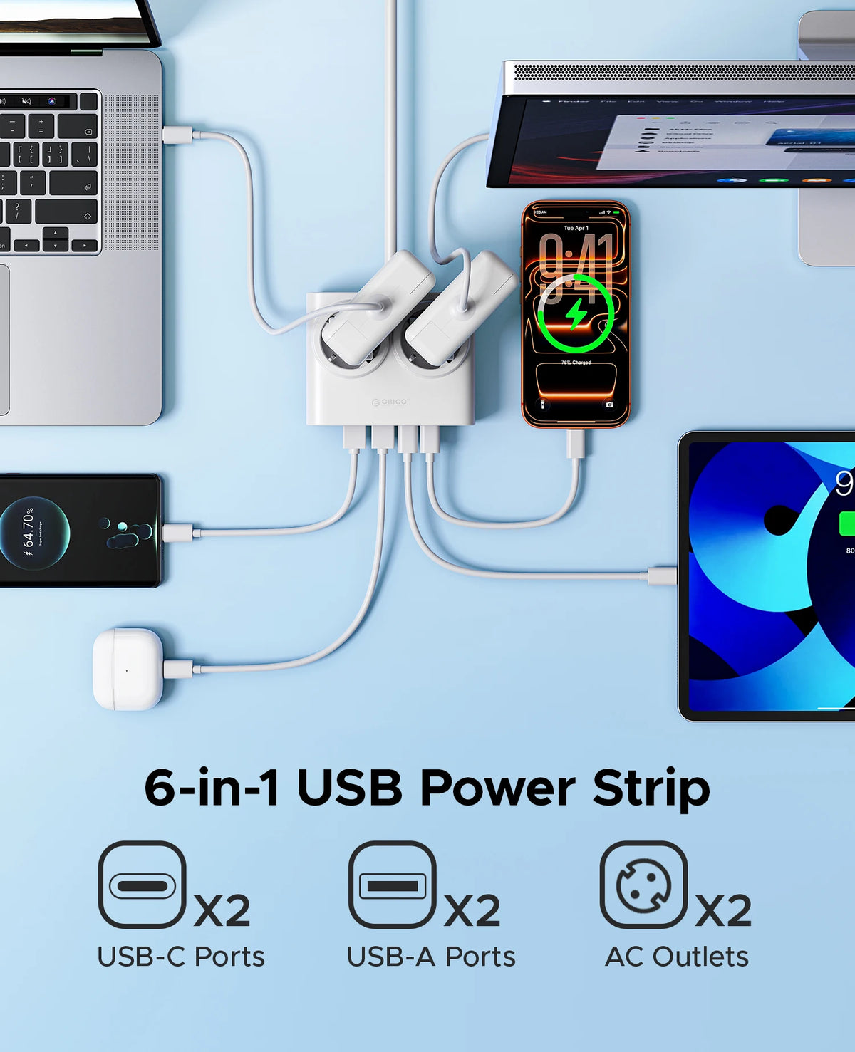 ORICO PD 15W Power Strip 2 USB-C 2 AC 2 USB-A EU Desk Charger Desktop Power Strip PRIMED