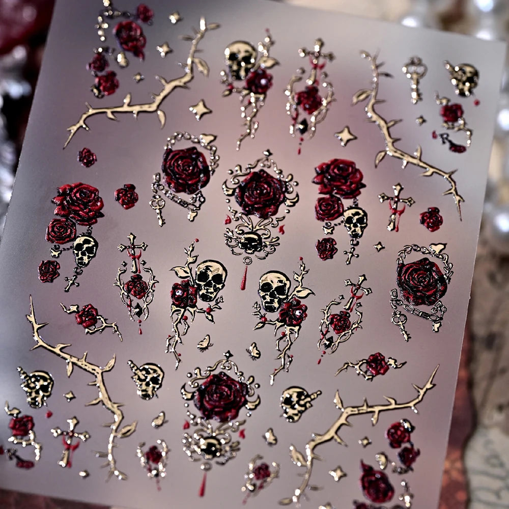 Punk Rose Skull Nail Art Stickers – 3D Hot Stamp Decals