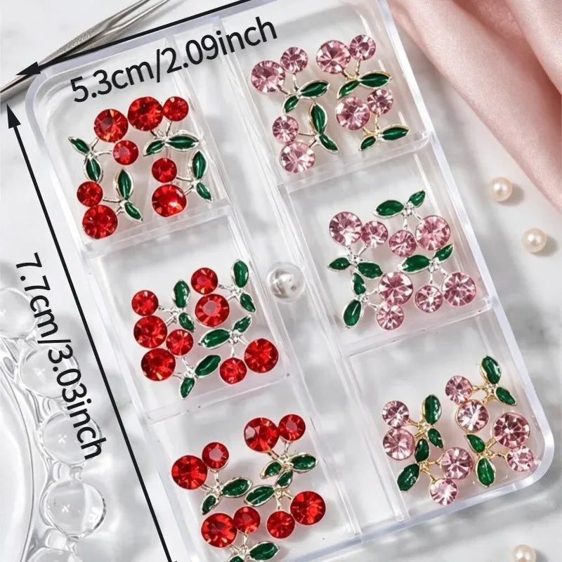 24Pcs Cherry Nail Rhinestones Red Pink Crystal Zircon Art Gems Nail Art Rhinestones PRIMED