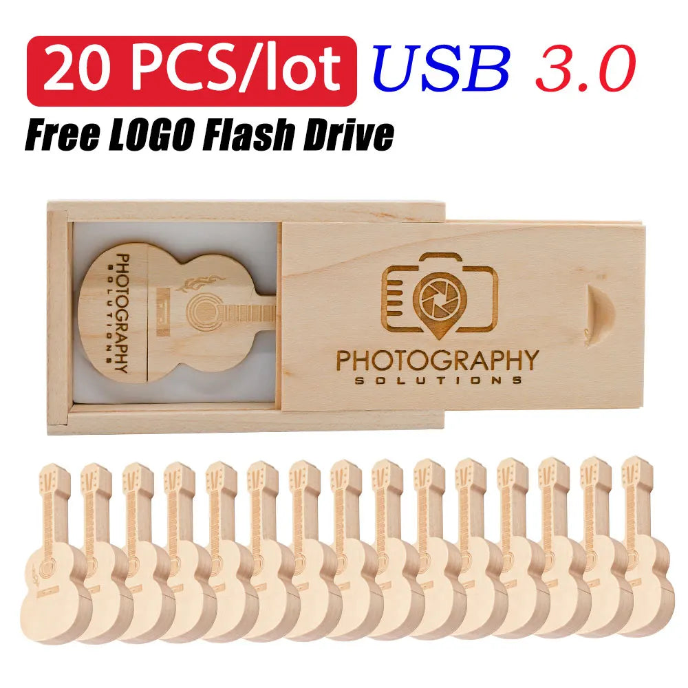 20-Pack Guitar Wooden USB Flash Drives – Custom Logo Engraved Custom USB Flash Drive PRIMED