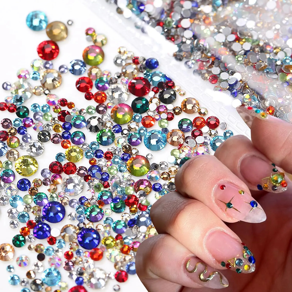 Mixed-Size Iridescent Nail Rhinestones 12-Grid DIY Crystal Set