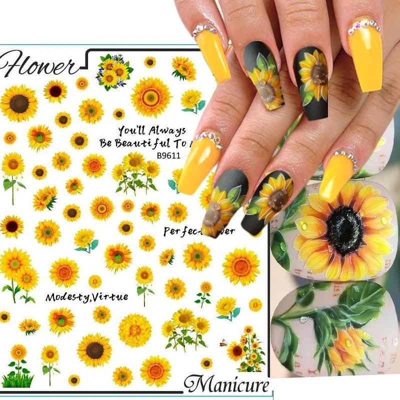 Sunflower Floral 3D Nail Art Water Transfer Decals Stickers