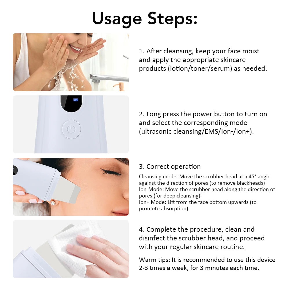 4-in-1 Ultrasonic Face Scrubber & Pore Cleansing Spatula Facial Cleansing Device PRIMED