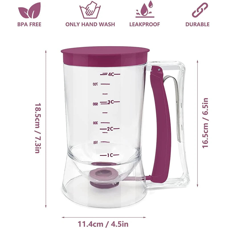 LMETJMA 4-Cup Pancake Batter Dispenser 900ml with Measuring Label Batter Dispenser PRIMED