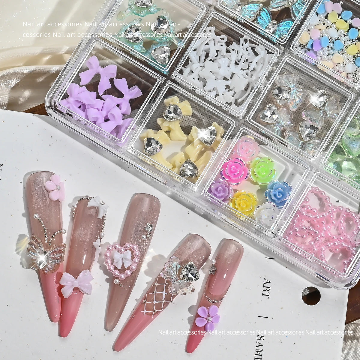 12-Grid 3D Nail Art Rhinestones – Butterflies, Bows & Hearts Nail Art Accessories PRIMED