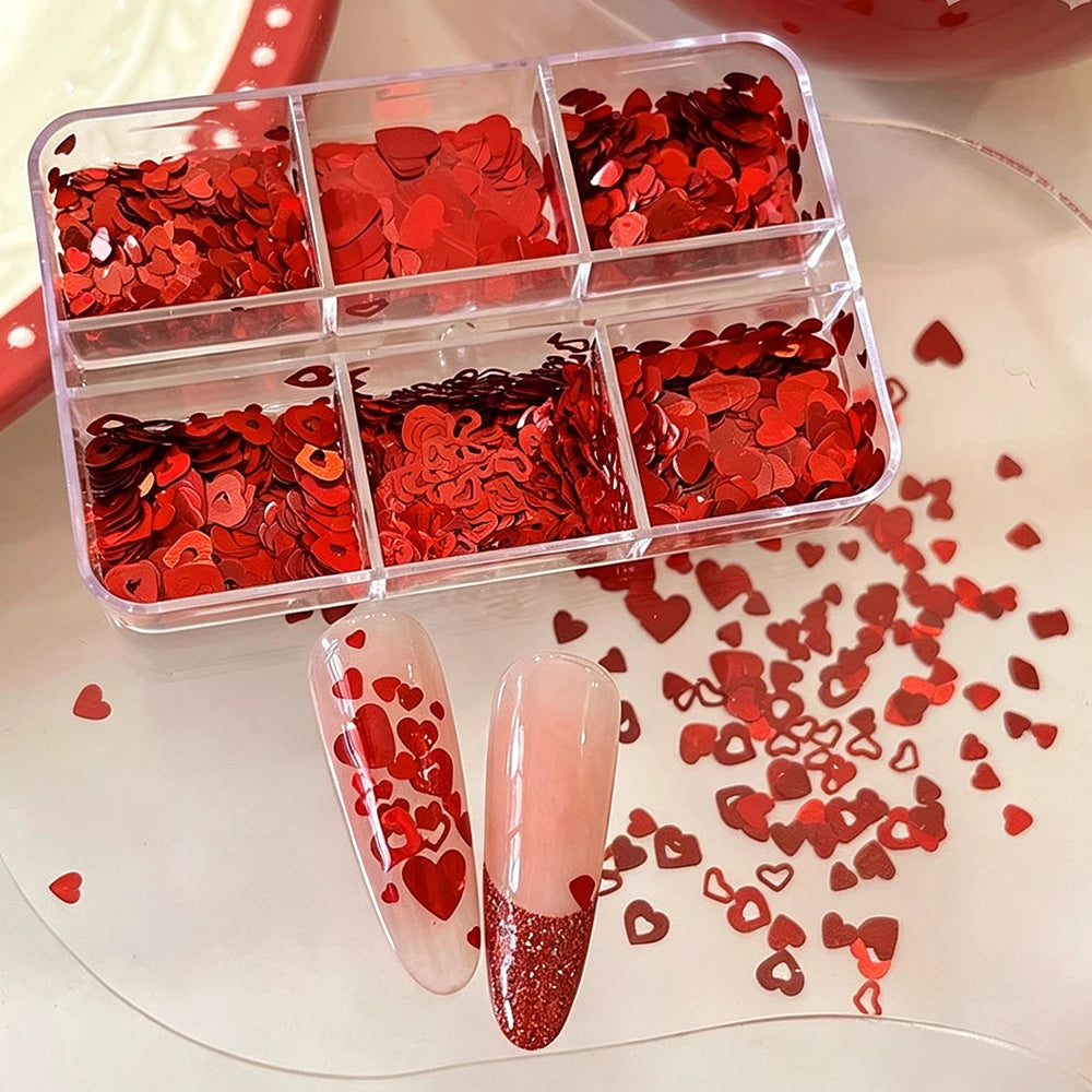 Red Heart Nail Sequins 6-Grid Box – Glitter Flakes Nail Art