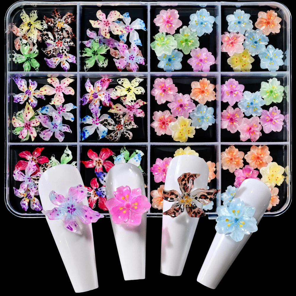 72Pcs 3D Flower Nail Charms – Sakura, Lily & Leopard Mix Nail Art Charms PRIMED
