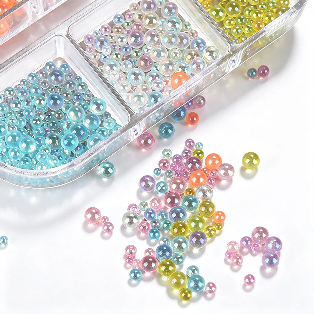 Aurora Iridescent Bubble Beads Nail Charms – 6-Grid Glass Set Nail Art Charms PRIMED