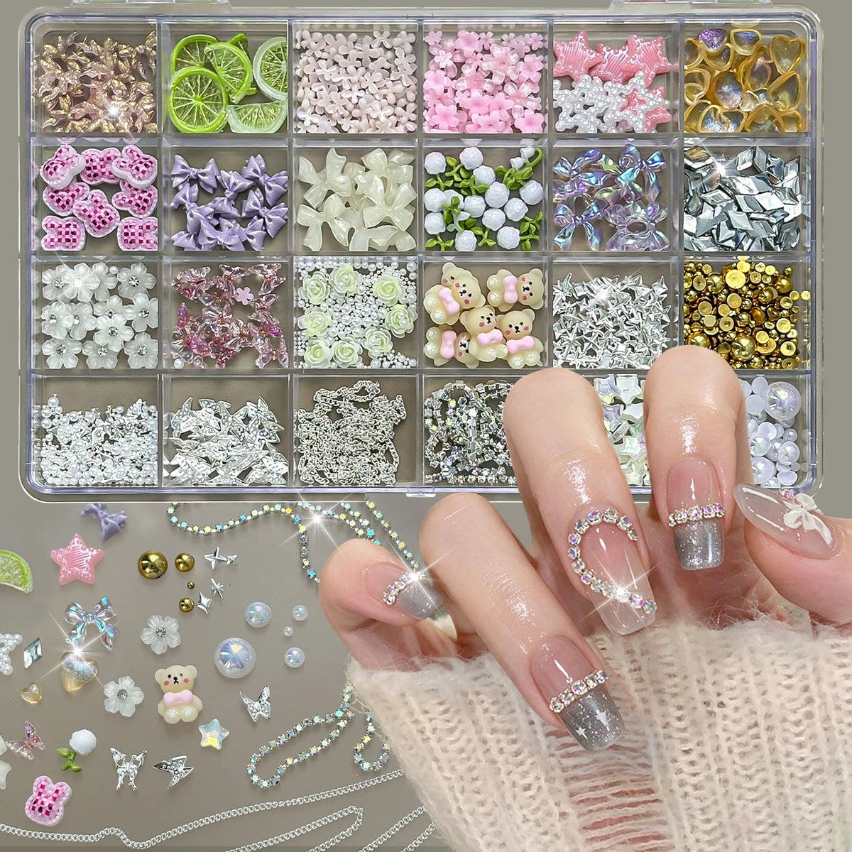 24-Grid 3D Nail Charms – Bows, Butterflies & Crystal Flowers Nail Art Charms PRIMED A5