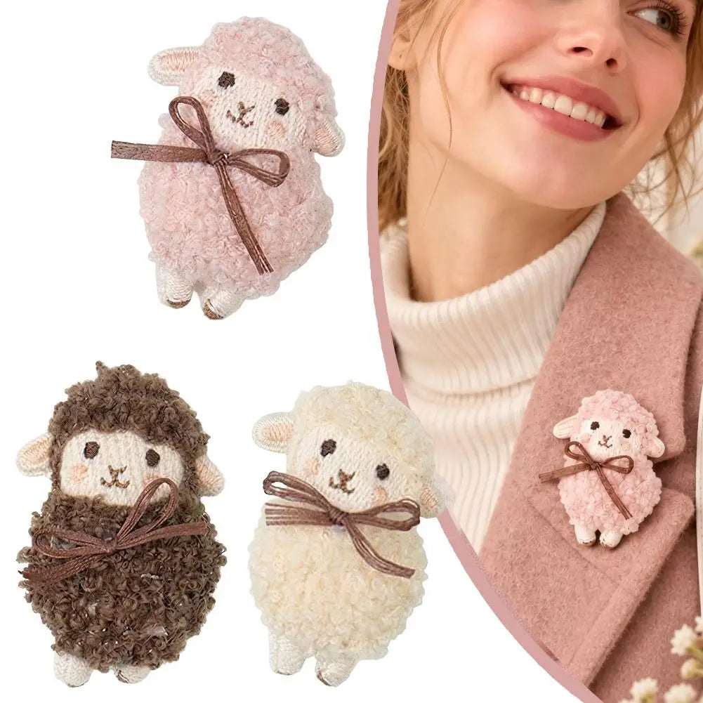Plush Woolly Lamb Brooch Pin – Fluffy Sheep with Bowknot