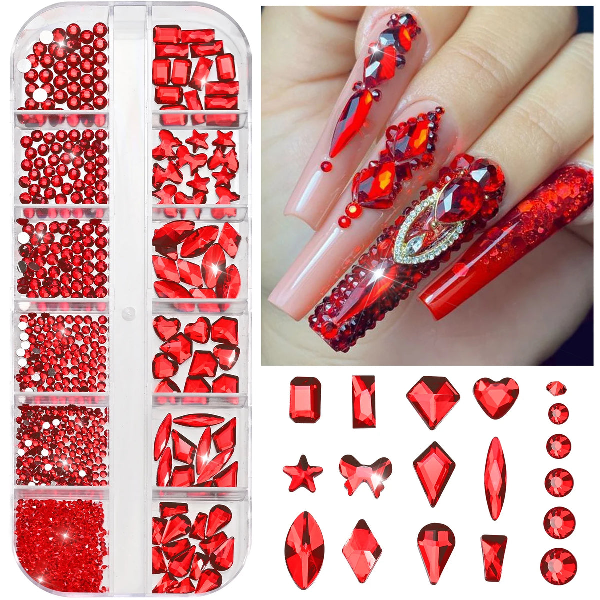 12-Grid Iridescent AB Nail Rhinestones – Mixed Glass Gems Box Nail Art Rhinestones PRIMED A1