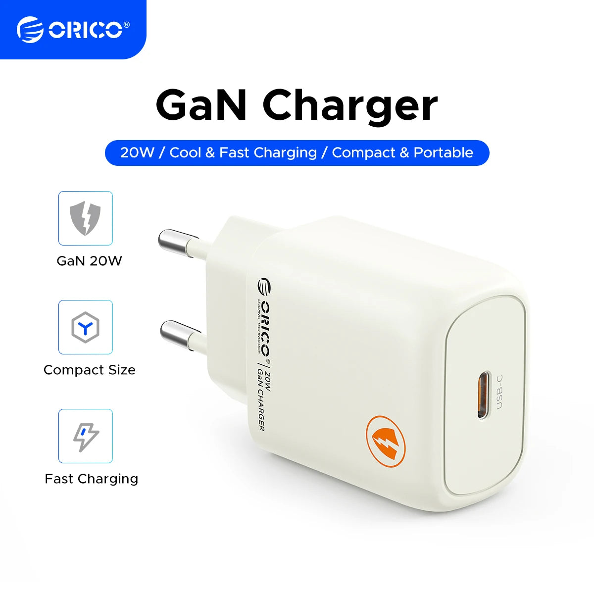 ORICO GaN 20W USB-C PD3.0 QC3.0 Fast Charger for iPhone USB-C Wall Charger PRIMED