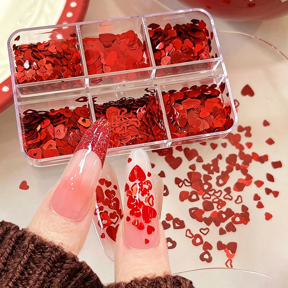 Red Heart Nail Sequins 6-Grid Box – Glitter Flakes Nail Art