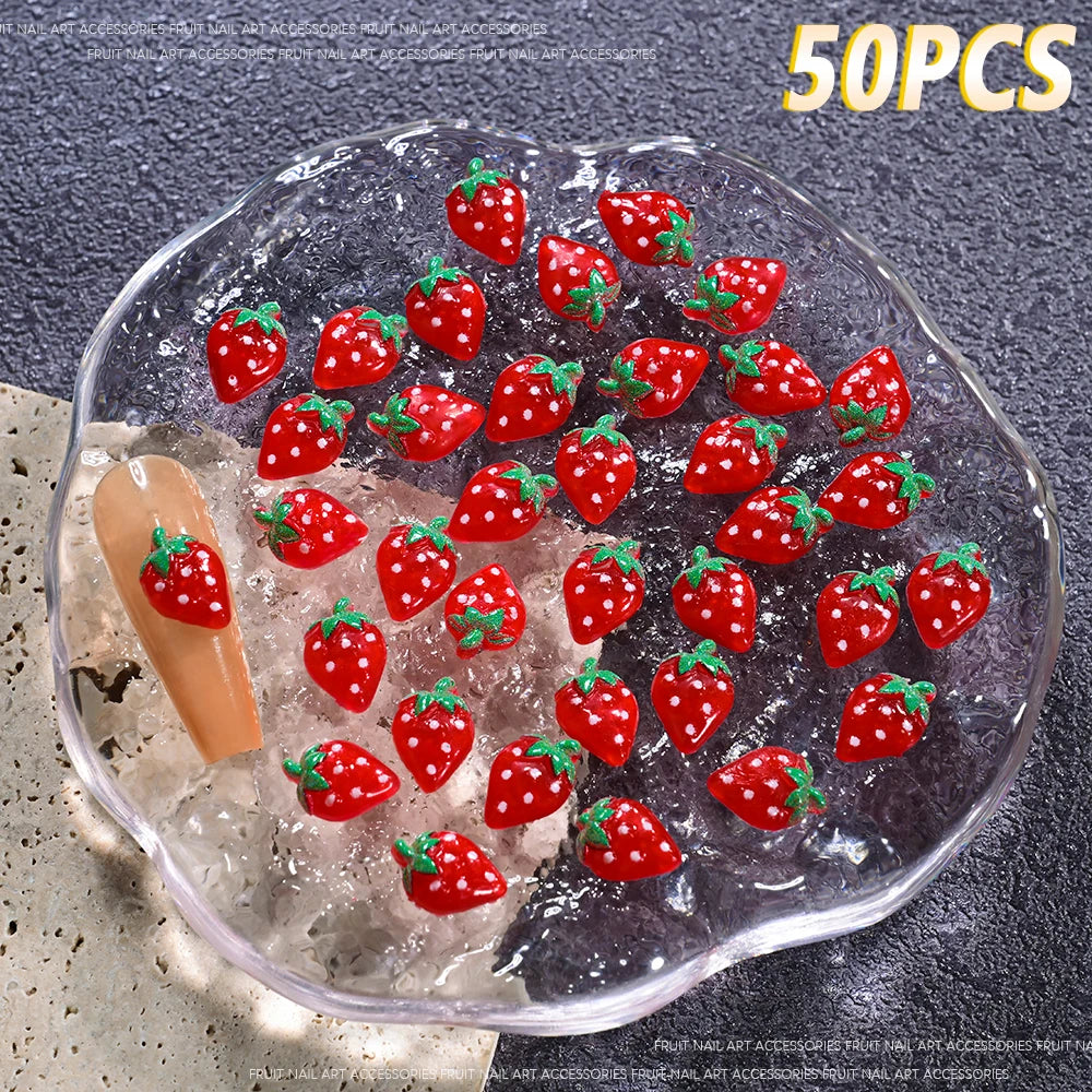 50Pcs 3D Strawberry Nail Charms – Kawaii Flat Back Resin Gems Nail Art Charms PRIMED 50pcs 10