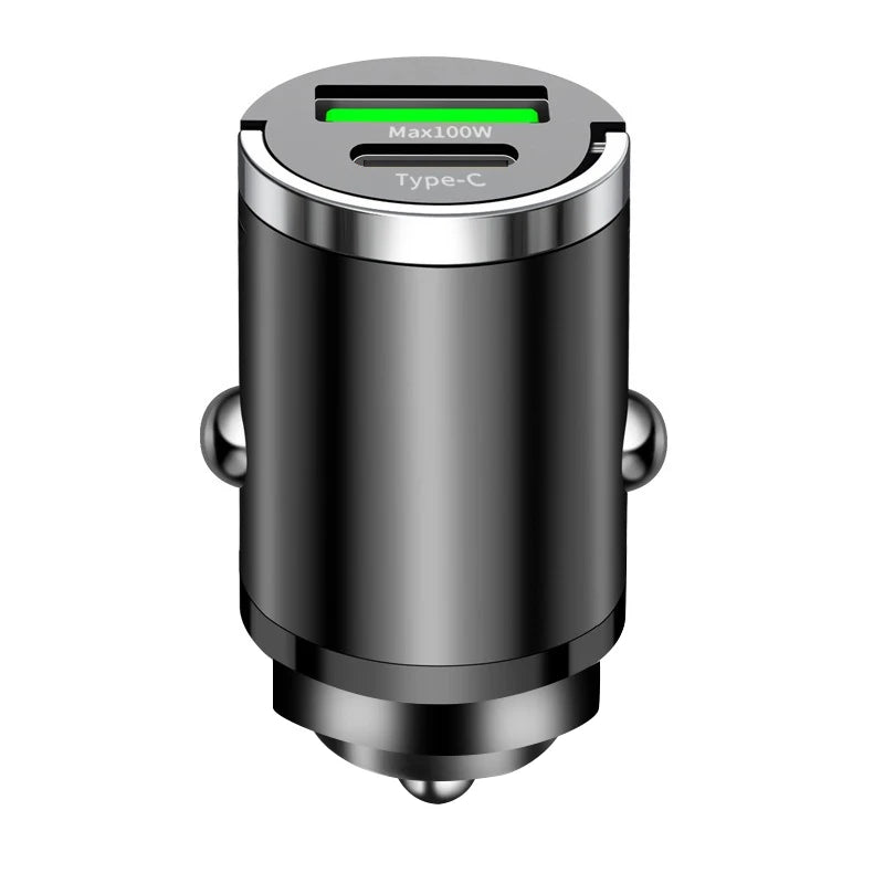 Mini 100W PD QC3.0 Fast Car Charger USB-C + USB-A Adapter Car Charger Adapter PRIMED 100W Black