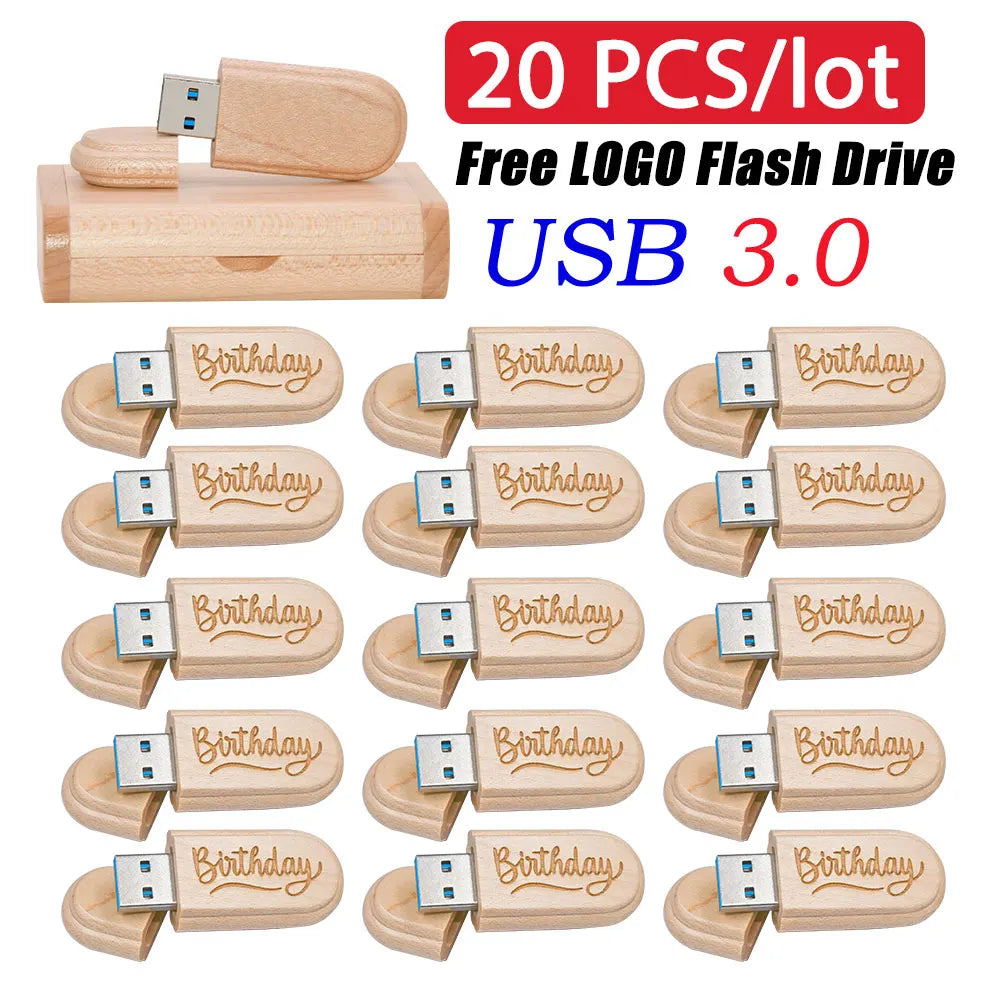 20pcs Wood USB 3.0 Flash Drives Custom Logo 4GB–64GB Bulk USB Flash Drive PRIMED