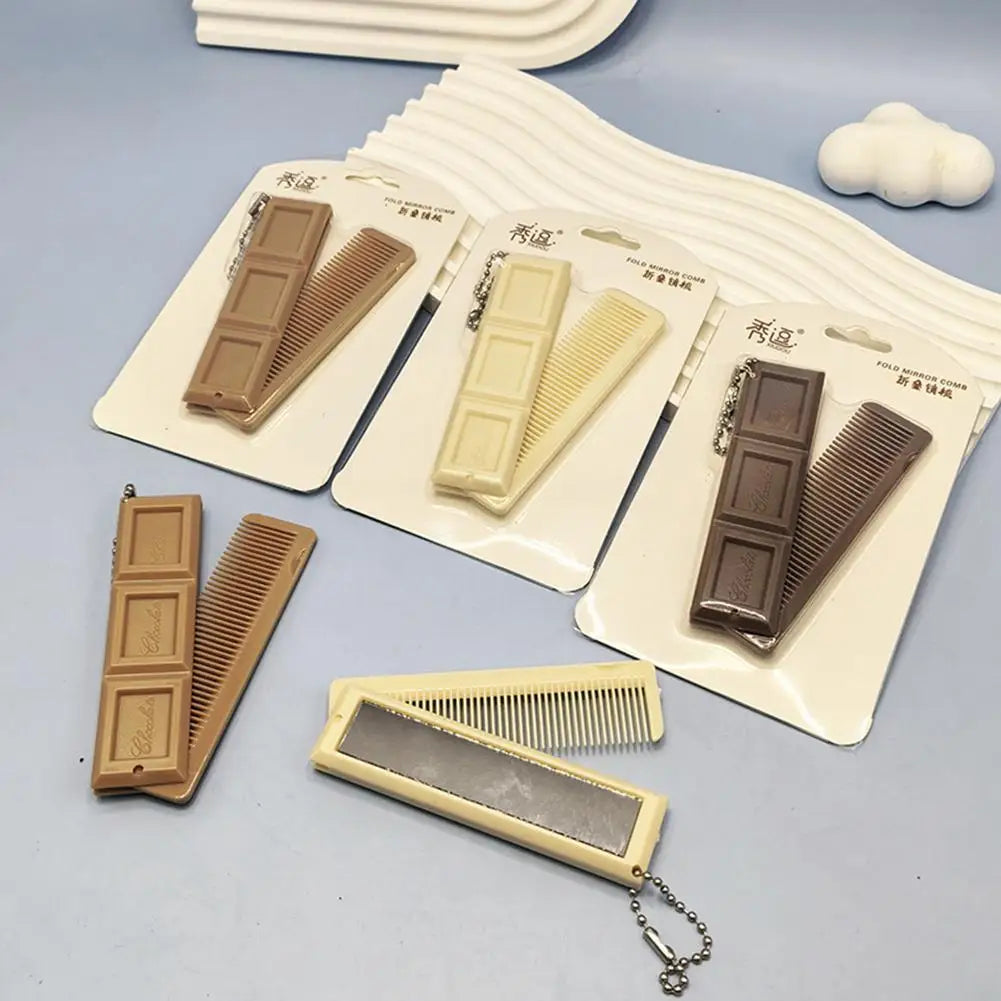 2-in-1 Folding Chocolate Comb with Mirror – Portable Travel Hair Tool Folding Travel Comb PRIMED