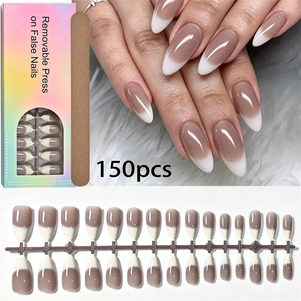 150Pcs Almond Press On Nails – Nude Brown Ombre French Tip