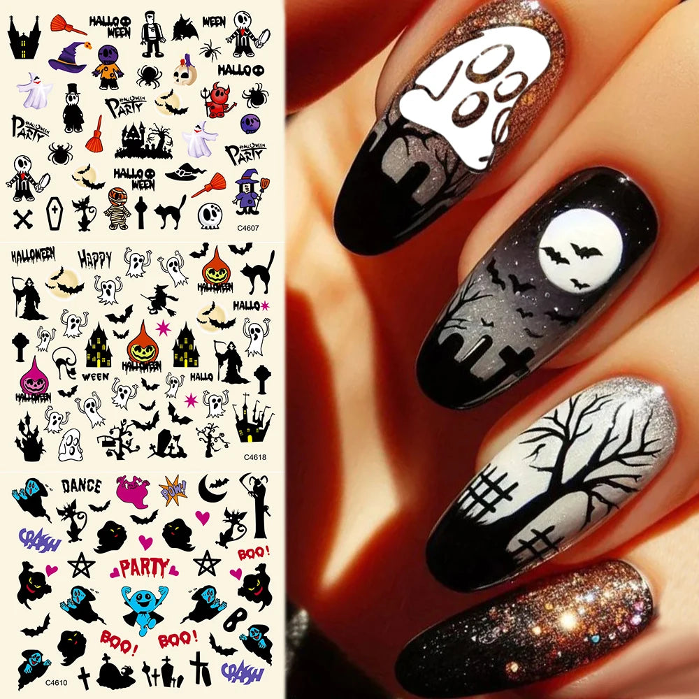 24pcs 3D Halloween Nail Stickers – Pumpkin Ghost Skull Decals Nail Art Stickers PRIMED