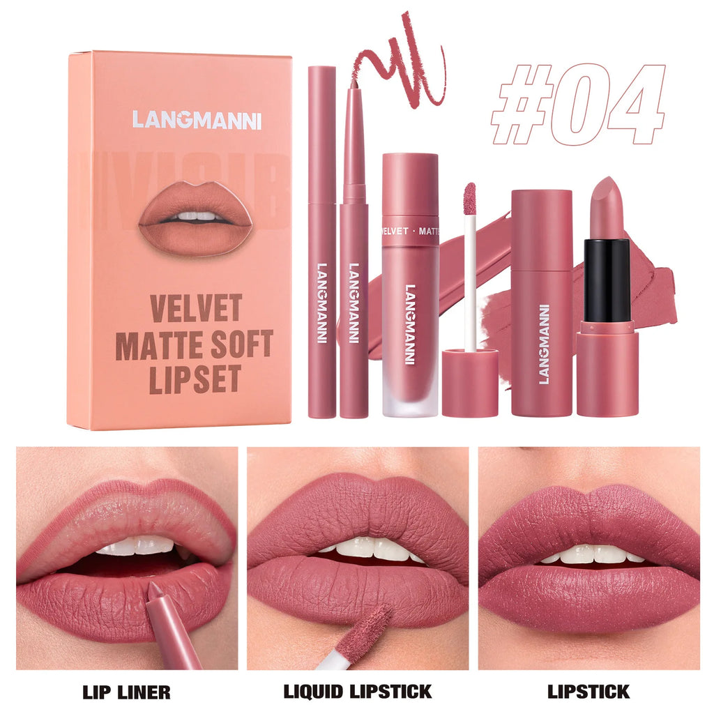 LANGMANNI 3-Piece Matte Lipstick & Lip Liner Kit – Long Wear Lip Makeup Kit PRIMED 04 Full Size