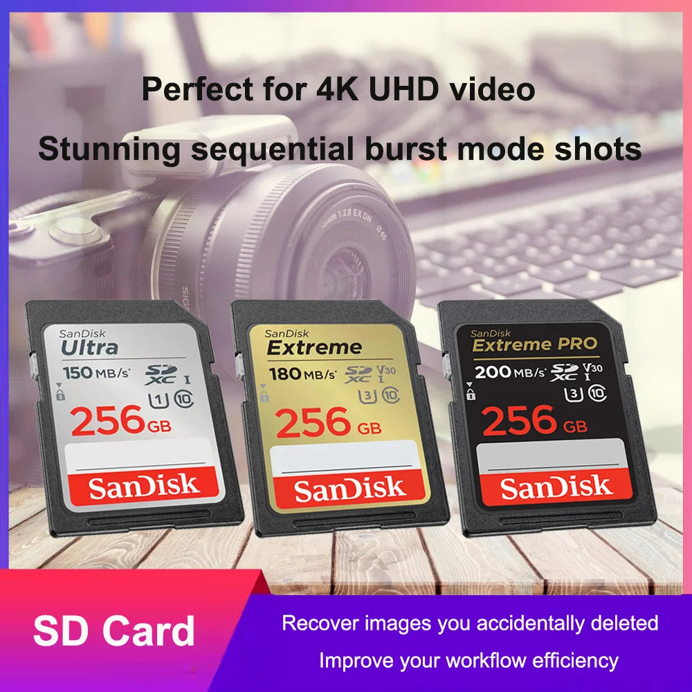 SanDisk SD Card 32GB–256GB U3 V30 4K UHD | Up to 200MB/s Flash Memory Card PRIMED