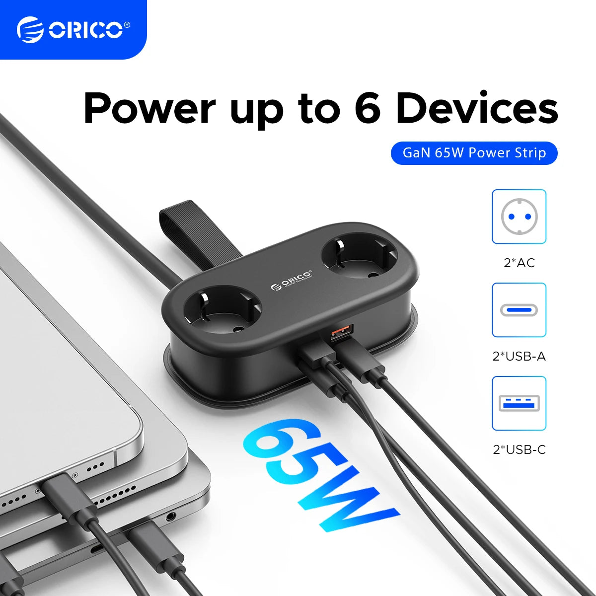 ORICO GaN 65W EU Power Strip | 2 AC + 2 USB-A + 2 USB-C GaN Power Strip PRIMED