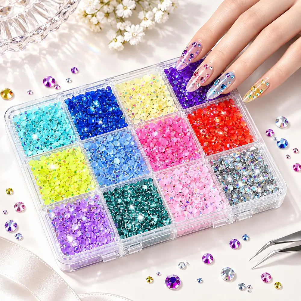 12-Grid Multi-Color Nail Rhinestones Set | Round Acrylic Gems Nail Art Rhinestones PRIMED