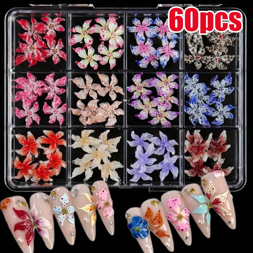 72Pcs 3D Flower Nail Charms – Sakura, Lily & Leopard Mix Nail Art Charms PRIMED ZB161