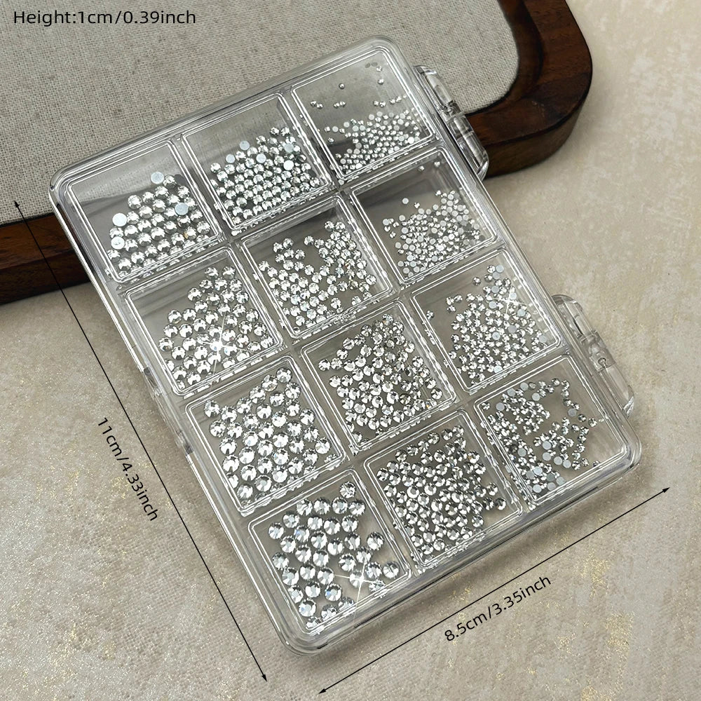 12-Grid Mixed AB Crystal Nail Rhinestones & Glitter Gems Set Nail Art Rhinestones PRIMED