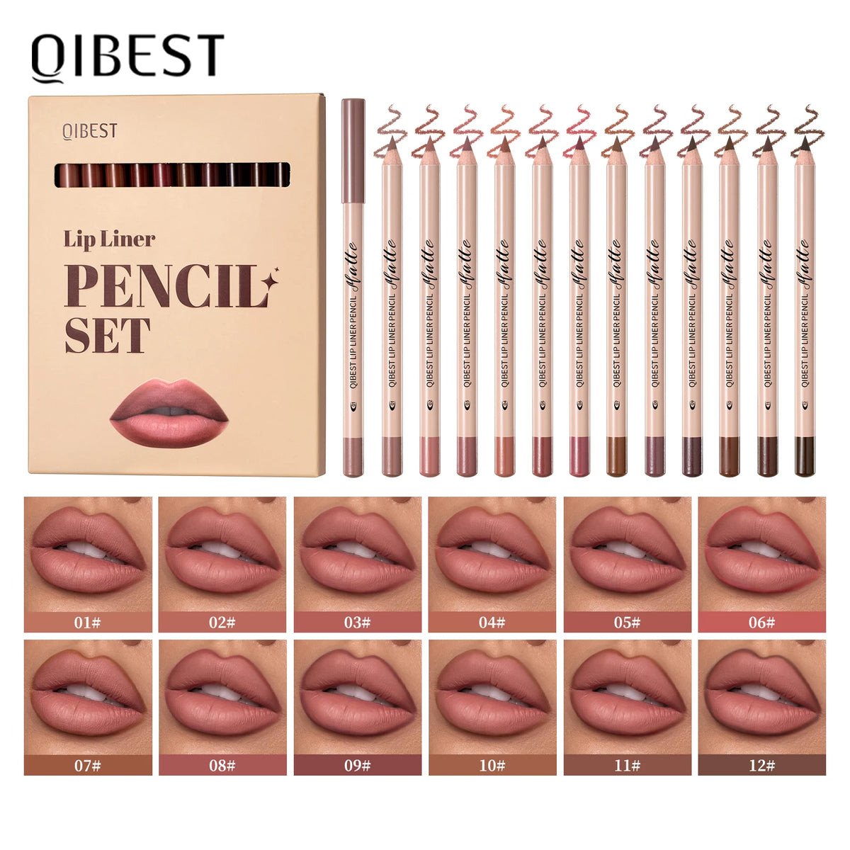 QiBest 12-Color Matte Lip Liner Set – Waterproof Nude Pencils Lip Liner Set PRIMED