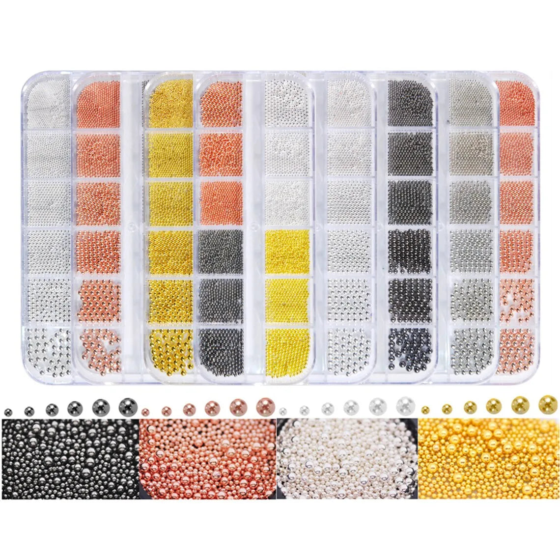 Nail Art Metal Round Beads 0.8–3.0mm Gold Silver | 12-Grid Box Nail Art Beads PRIMED
