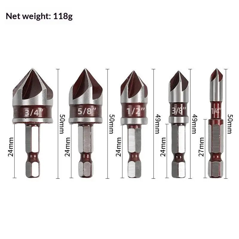 5-Flute Titanium Countersink Drill Bit Set + Center Punch Countersink Drill Bit Set PRIMED
