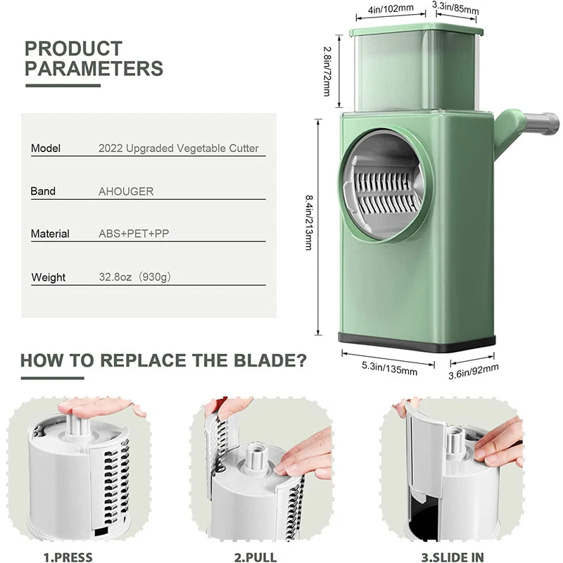 Rotary Vegetable Grater & Mandoline Slicer – 3 Drum Blades Rotary Vegetable Grater PRIMED