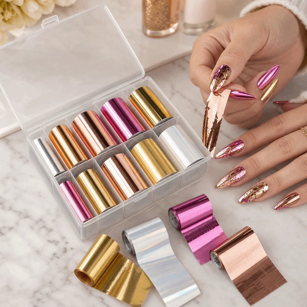 Lace Laser Nail Foil Stickers – Gold & Rose Gold Sequin Decals